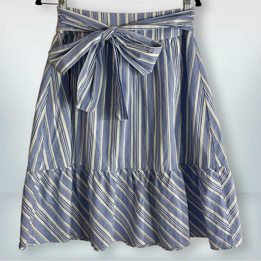 J. by J. Crew Blue White Striped Midi Skirt with Bow Waist, Size 2 - Picture 1 of 11